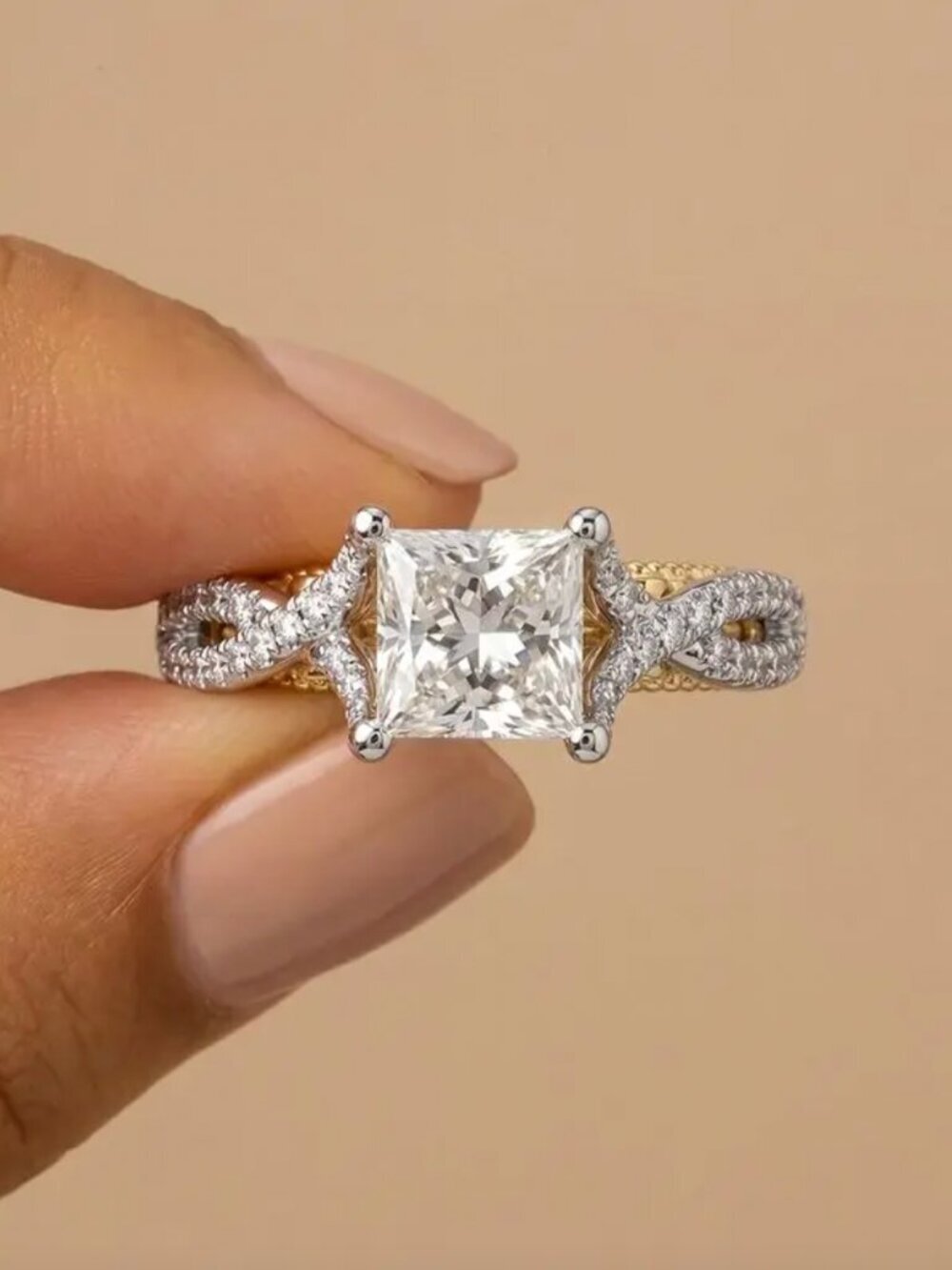NEW 18k White & Yellow Gold Diamond Ring Two Tone Diamond Ring Princess Cut Ring